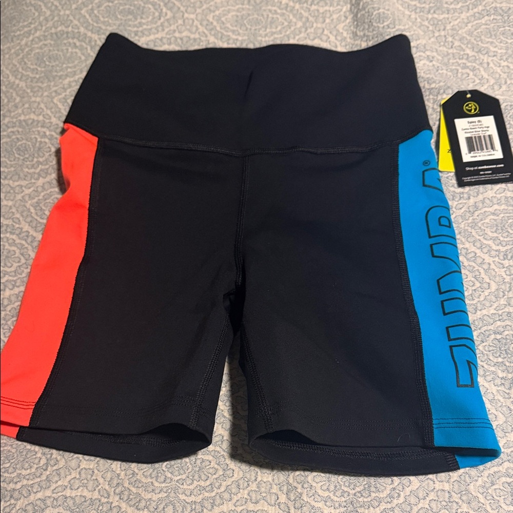 Zumba Fitness Black, Red, and Blue Athletic Shorts